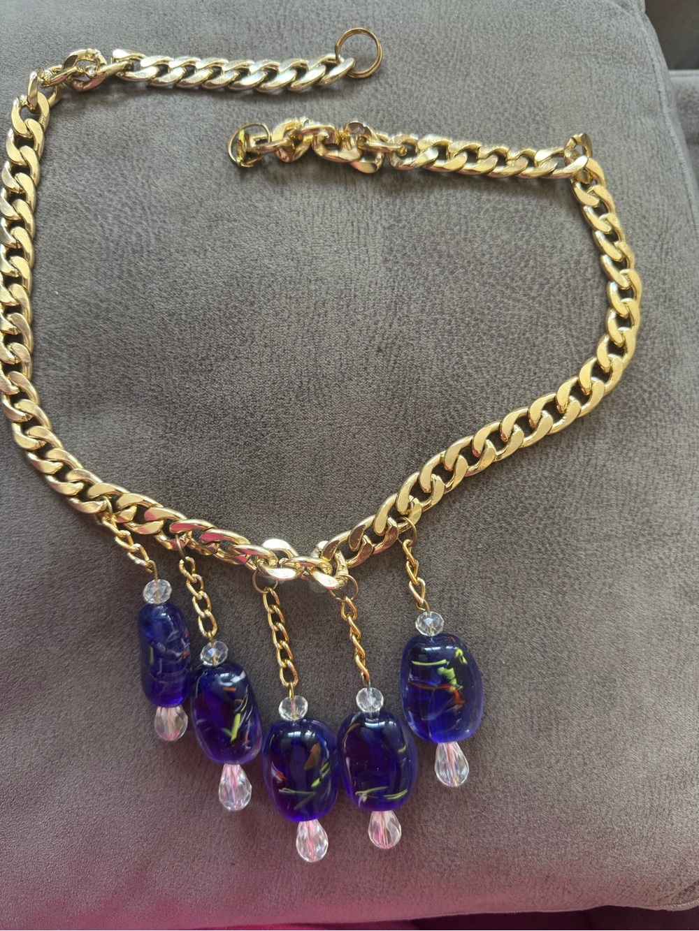 Gold Chain Necklace with Blue Glass Bead Drops
